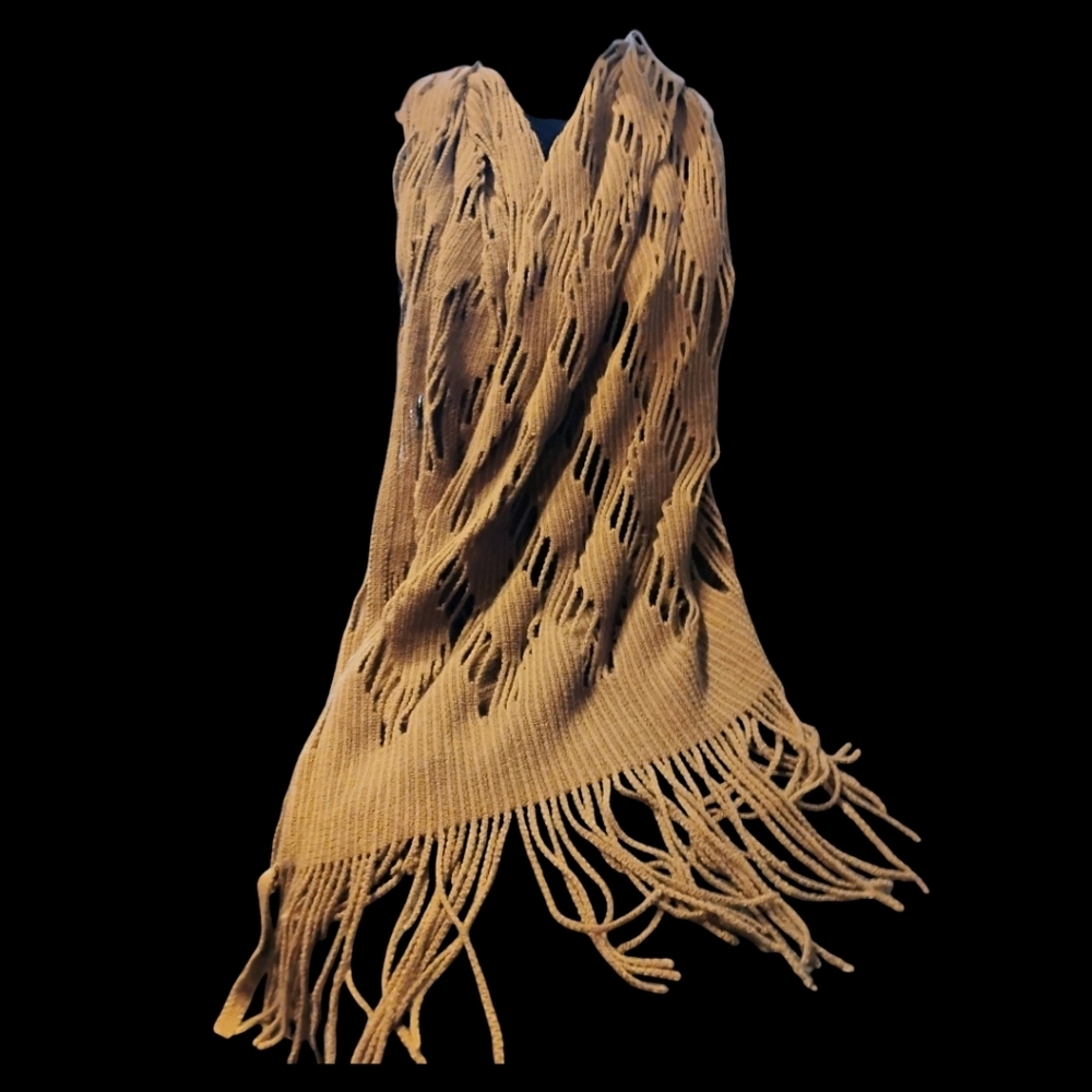 Stylish Tan/ Brown Fringed Cut Out Knit Scarf